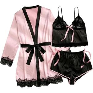 imageOYOANGLE Womens 3pcs Pajama Set Contrast Lace Bow Knot Lace Trim Cami Top and Shorts Pajama Set with RobePink Black