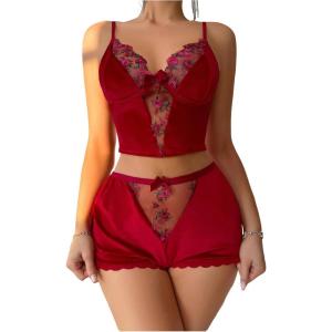 imageOYOANGLE Womens Bridal Pajama Set Floral Embroidered Velvet Camisole and Mini Shorts 2 Piece SleepwearBurgundy