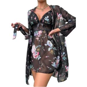 imageOYOANGLE Womens Chiffon Lace Nightgown with Robe Set Floral Cami Nightwear 2 Piece SleepwearBlack