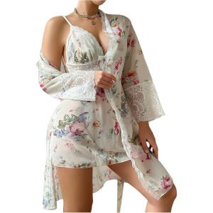 imageOYOANGLE Womens Chiffon Lace Nightgown with Robe Set Floral Cami Nightwear 2 Piece SleepwearWhite