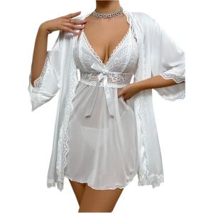 imageOYOANGLE Womens Floral Lace Bow Tie Pajama Set Spaghetti Strap Mesh Nightdress with Robe NightgownsWhite