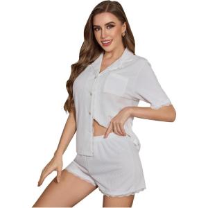imageOYOANGLE Womens Lace Trim Ribbed Knit Sleepwear Button Up Shirt Elastic Waist Shorts Pajama Sets