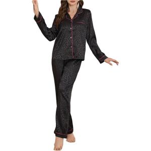 imageOYOANGLE Womens Satin Pajama Set Leopard Jacquard Button Down Sleepwear Long Sleeve Shirt Pants Pjs SleepwearBlack
