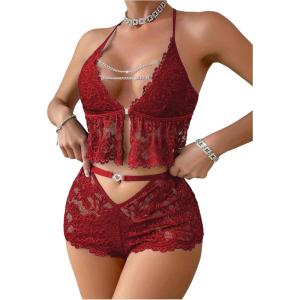 imageOYOANGLE Womens Sheer Lace 2 Piece Lingerie Set Chain Cut Out Crop Halter Tops and Boyshorts SetsBurgundy