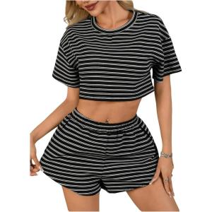 imageOYOANGLE Womens Summer Pajamas Striped Short Sleeve Crop Top and Side Slit Shorts Pjs Lounge SetBlack