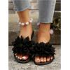 imageOYOANGLE Womens Floral Appliques Open Toe Flat Sandals Comfortable Slip on Slide SandalBlack