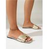 imageOYOANGLE Womens PU Leather Dressy Flat Sandals Square Open Toe Slip on Summer Slide ShoesGold