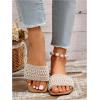 imageOYOANGLE Womens Pearl Decor Square Toe Sandals Leather Open Toe Flat Slip On SlidesBrown