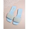imageOYOANGLE Womens Pearl Decor Square Toe Sandals Leather Open Toe Flat Slip On SlidesLight Blue