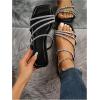 imageOYOANGLE Womens Rhinestone Flat Sandals Strappy Slip on Open Toe Slide Sandals Squared SlippersBlack
