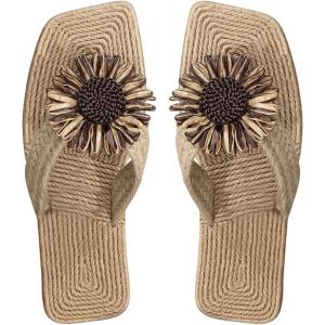 imageOYOANGLE Womens Boho Floral Decor Straw Flip Flop Sandals Square Open Toe Slide Sandal SlippersKhaki