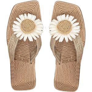 imageOYOANGLE Womens Boho Floral Decor Straw Flip Flop Sandals Square Open Toe Slide Sandal SlippersLight Khaki