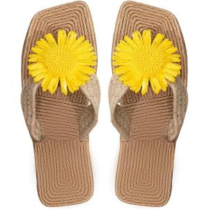 imageOYOANGLE Womens Boho Floral Decor Straw Flip Flop Sandals Square Open Toe Slide Sandal SlippersYellow and Khaki