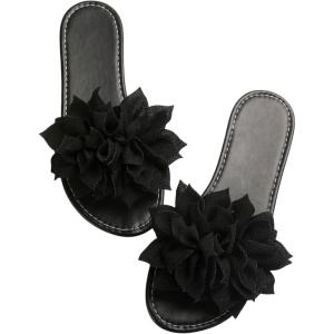 imageOYOANGLE Womens Floral Appliques Open Toe Flat Sandals Comfortable Slip on Slide SandalBlack