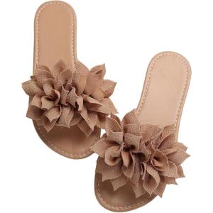 imageOYOANGLE Womens Floral Appliques Open Toe Flat Sandals Comfortable Slip on Slide SandalBrown