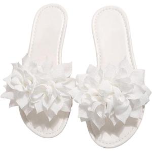 imageOYOANGLE Womens Floral Appliques Open Toe Flat Sandals Comfortable Slip on Slide SandalWhite