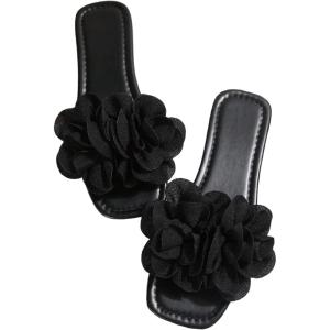 imageOYOANGLE Womens Floral Slide Sandals Square Open Toe Leather Slip on Flat SandalBlack