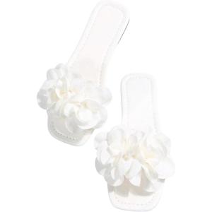 imageOYOANGLE Womens Floral Slide Sandals Square Open Toe Leather Slip on Flat SandalWhite