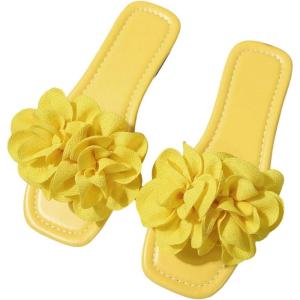 imageOYOANGLE Womens Floral Slide Sandals Square Open Toe Leather Slip on Flat SandalYellow