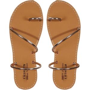 imageOYOANGLE Womens Metallic Strappy Toe Ring Sandals Open Toe Flat Slide On Thong SandalsChampagne