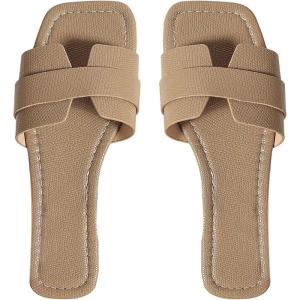 imageOYOANGLE Womens PU Leather Dressy Flat Sandals Square Open Toe Slip on Summer Slide ShoesApricot