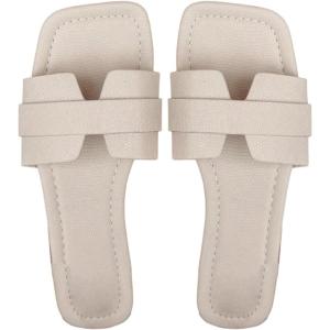 imageOYOANGLE Womens PU Leather Dressy Flat Sandals Square Open Toe Slip on Summer Slide ShoesBeige