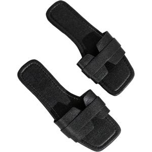 imageOYOANGLE Womens PU Leather Dressy Flat Sandals Square Open Toe Slip on Summer Slide ShoesBlack