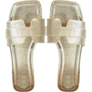 imageOYOANGLE Womens PU Leather Dressy Flat Sandals Square Open Toe Slip on Summer Slide ShoesGold