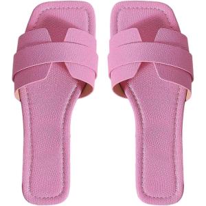 imageOYOANGLE Womens PU Leather Dressy Flat Sandals Square Open Toe Slip on Summer Slide ShoesLight Pink