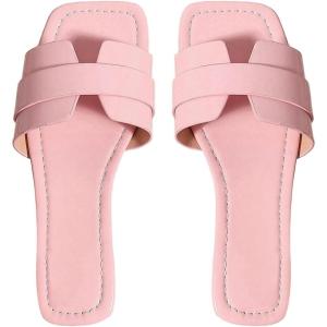 imageOYOANGLE Womens PU Leather Dressy Flat Sandals Square Open Toe Slip on Summer Slide ShoesPink