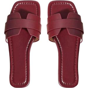 imageOYOANGLE Womens PU Leather Dressy Flat Sandals Square Open Toe Slip on Summer Slide ShoesRed