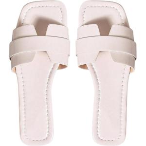 imageOYOANGLE Womens PU Leather Dressy Flat Sandals Square Open Toe Slip on Summer Slide ShoesWhite