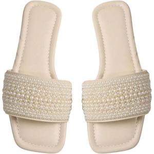 imageOYOANGLE Womens Pearl Decor Square Toe Sandals Leather Open Toe Flat Slip On SlidesBeige