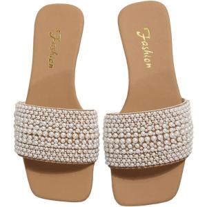 imageOYOANGLE Womens Pearl Decor Square Toe Sandals Leather Open Toe Flat Slip On SlidesBrown