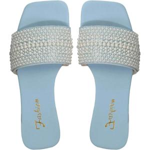 imageOYOANGLE Womens Pearl Decor Square Toe Sandals Leather Open Toe Flat Slip On SlidesLight Blue