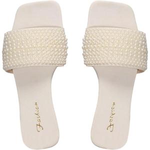 imageOYOANGLE Womens Pearl Decor Square Toe Sandals Leather Open Toe Flat Slip On SlidesWhite