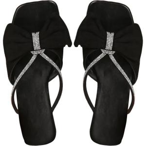 imageOYOANGLE Womens Rhinestone Bow Open Toe Corduroy Flat Sandals Summer Casual Slide SandalsBlack