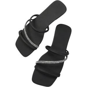 imageOYOANGLE Womens Rhinestone Sparkly Strappy Slide Sandals Square Open Toe Dressy Slip on Flat SandalBlack