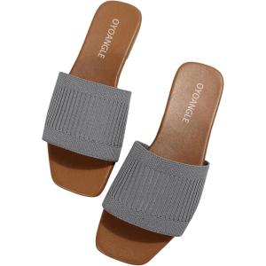 imageOYOANGLE Womens Single Band Square Open Toe Slide Sandals Summer Slip on Flat SandalsGrey