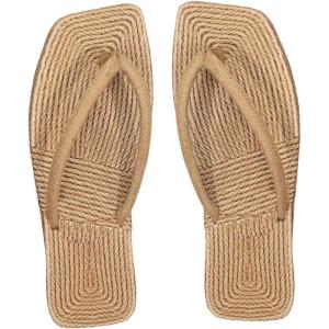 imageOYOANGLE Womens Square Open Toe Linen Flip Flop Thong Sandals Beach Vacation Straw Slippers SandalsKhaki