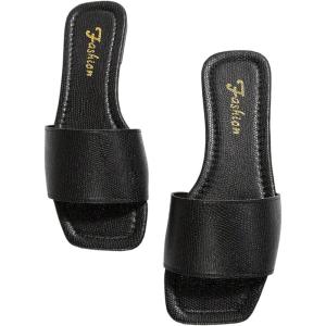 imageOYOANGLE Womens Summer PU Leather Flat Sandals Square Open Toe Work Dressy Casual SlideBlack