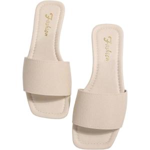 imageOYOANGLE Womens Summer PU Leather Flat Sandals Square Open Toe Work Dressy Casual SlideWhite