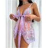 imageOYOANGLE Womens Maternity 2 Piece Lingerie Set Floral Lace Bow Tie Chemise Open Front SleepwearMauve Purple