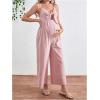 imageOYOANGLE Womens Maternity Tie Front Jumpsuit Spaghetti Strap Wide Leg Pregnancy Long Pants RomperPink