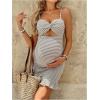 imageOYOANGLE Womens Striped Twist Front Maternity Dress Sleeveless Ruffle Bodycon Cami DressesKhaki