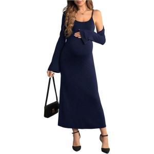 imageOYOANGLE Womens Maternity 2 Piece Outfits Scoop Neck Bodycon Long Cami Dress and Long Sleeve Cropped Cardigan SetBlue