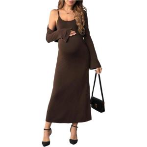 imageOYOANGLE Womens Maternity 2 Piece Outfits Scoop Neck Bodycon Long Cami Dress and Long Sleeve Cropped Cardigan SetBrown