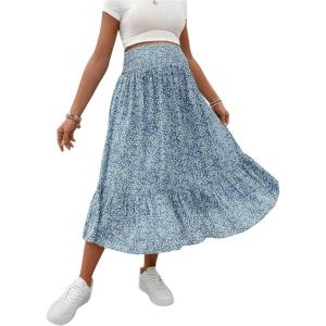 imageOYOANGLE Womens Maternity Floral Print Boho Midi Skirt Shirred High Waisted Flowy Casual Pregnancy Long SkirtsBlue