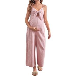 imageOYOANGLE Womens Maternity Tie Front Jumpsuit Spaghetti Strap Wide Leg Pregnancy Long Pants RomperPink