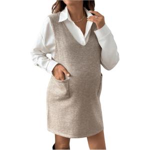 imageOYOANGLE Womens Maternity V Neck Sleeveless Sweater Dress Solid Knit Vest Dresses with PocketApricot